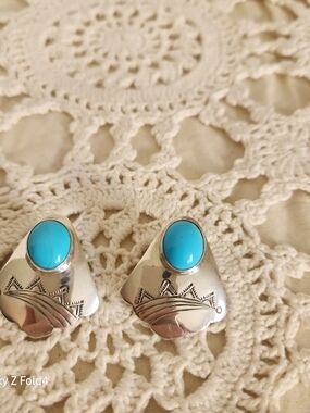 Sterling Silver Turquoise Statement Stud Earrings - Blue
